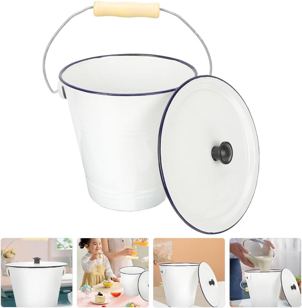 PRETYZOOM Thickened Enamel Bucket White 7l for Drinks Food Storage Milk Wine Lid and Handle