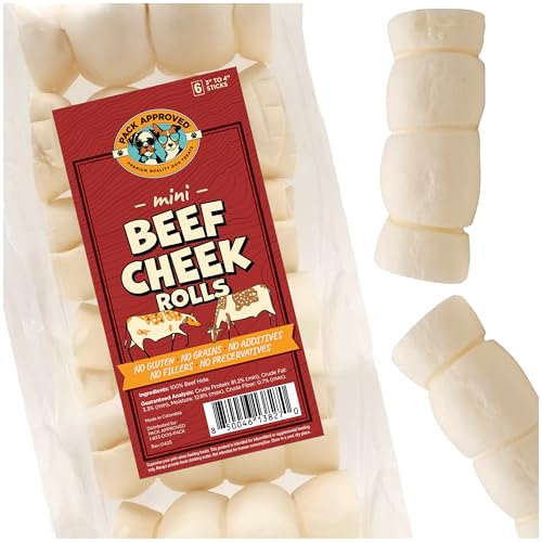 Pack Approved Mini Beef Cheek Rolls - Single Ingredient All Natural Dog Treats for Small and Medium Dogs - Low Fat Gluten-Free & Grain Free Dog Treats - 3-4 inch (6-Pack)