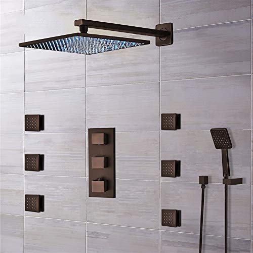 Fontana Showers Sierra Square Solid Brass LED Shower System - LED-SHOWER-FB-0522ORB Contemporary Rain Ceiling Mount Showerhead With 6 Massage Jets - Light Oil Rubbed Bronze - 20 Inch