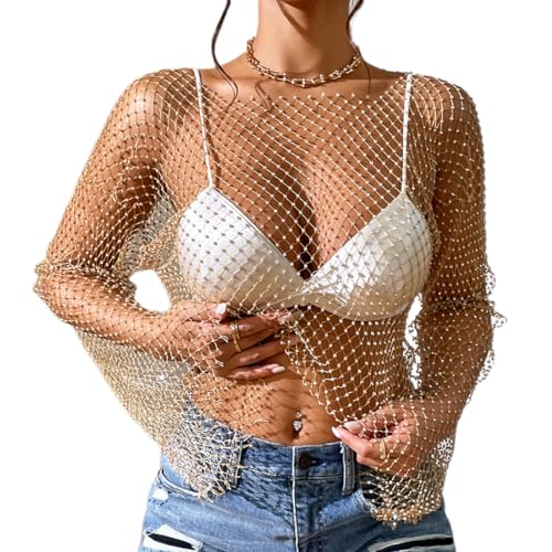 ABAFIP Women's Sparkly Rhinestone Crop Top Long Sleeve Mesh Bikini Cover up Fishnet Shirts Rave Tops