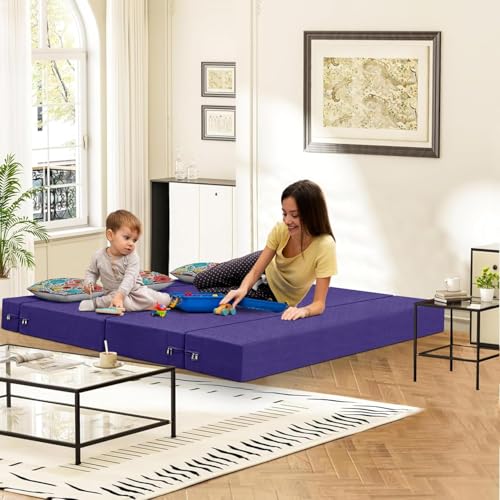 Image of Rosebell 3 Seater Foldable Sofa Cum Bed | 5x6 feet Jute Fabric with Washable Cover & 3 Printed Cushion | Multipurpose Sofa Bed for Living Room - Purple Color