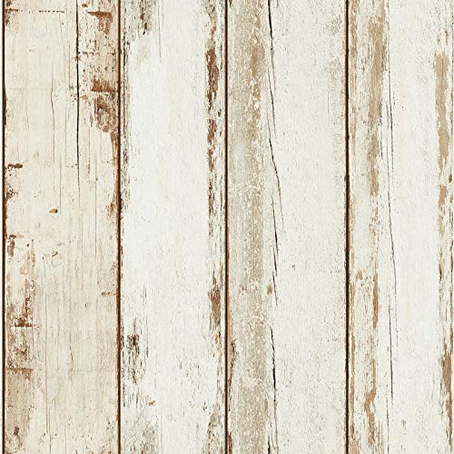 Papier Peint Imitation Bois Flotté | Intissé Blanc 36893-1 | Pour Couloir Étroit et Sombre & Cuisine - Pas Cher