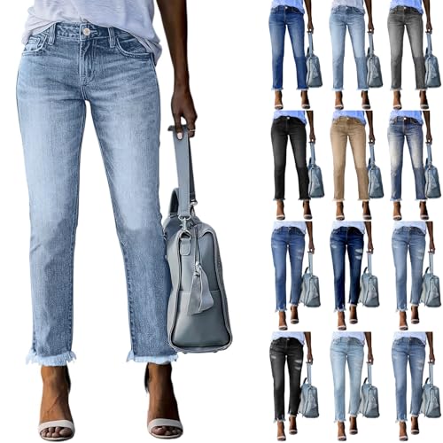 Women Boyfriend Jeans High Waist Stretchy Ripped Jeans Trendy Raw Hem Straight Leg Jean Distressed Denim Pants