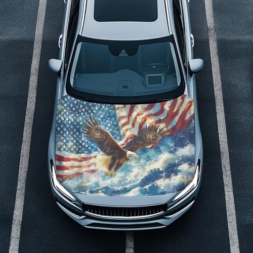 Image of American Flag Eagle Wave Design Car Hood Cover Protector Waterproof Sunproof Car Hood Flag 4th of July Patriotic Decorations for Most Sedans SUV Trucks Pickup Jeep