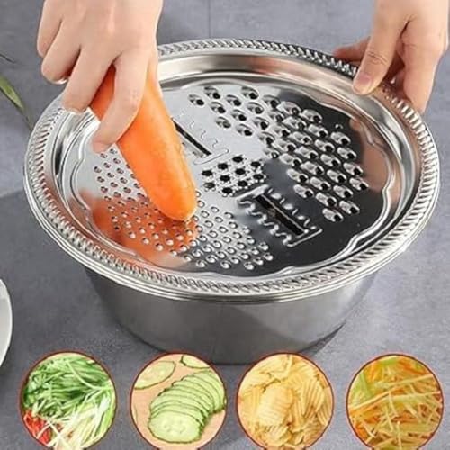 Image of 3IN1 Stainless Steel Basin Set with Colander Grater Lid 3-Piece Multi-Function Mixing Bowl for Washing, Stainless Steel Basin Set 26 CM (Pack of 1)