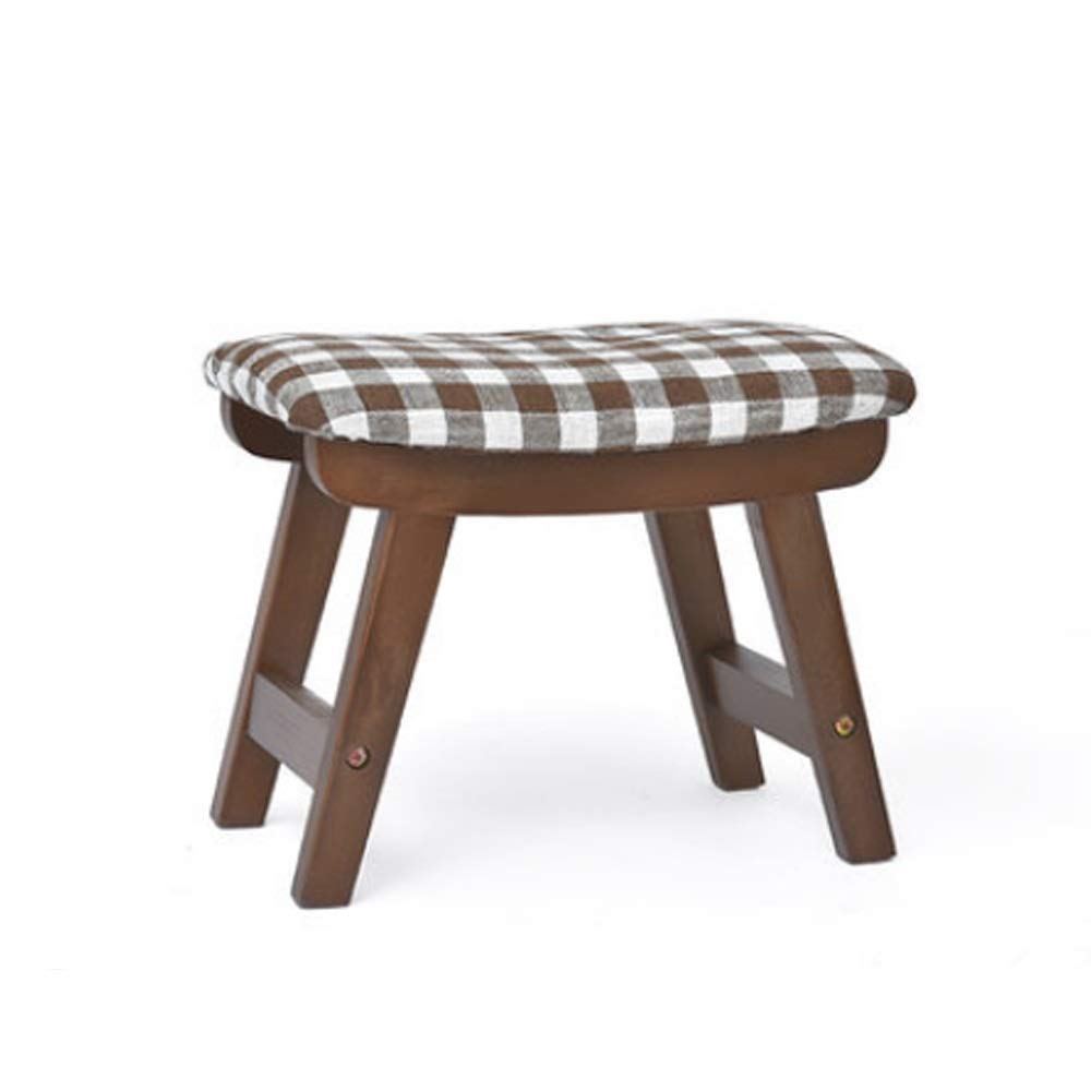 Reposapiés de madera noble acabado nogal y banco pequeño de diseño textil