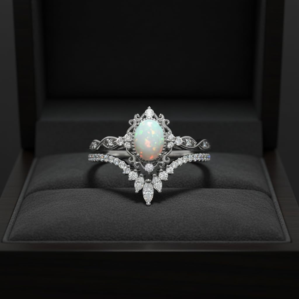 2 Carat Opal Engagement Ring Set for Women Unique Oval Cut Opal Bridal Set Ring 925 Sterling Silver Rings with 18K White Gold Plated