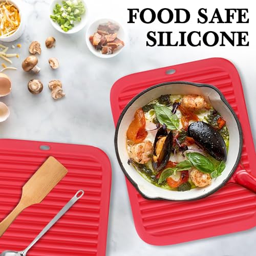 Image of 2 Pack Silicone Trivets - Heat Resistant Non-Slip Flexible Pot Holders for Hot Dishes & Pans - Red Silicone Trivet Mat Dish Drying Mat Spoon Rest, 9x12 in