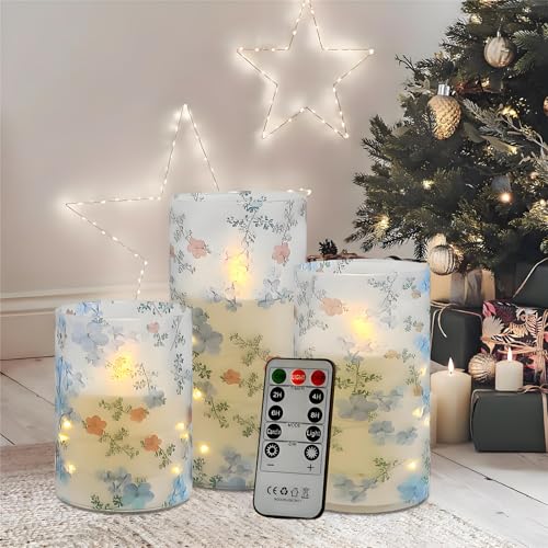 Image of Printed Flameless Candles with String Lights - Set of 3 Battery Operated Candle Flickering Floral LED Pillar Candles with Timer Remote for Home Decor Romantic Ambiance,LT