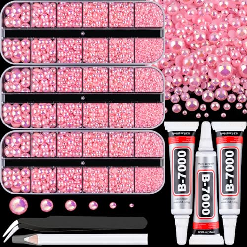 Image of Flatback Pearls for Crafting with 3Pcs 10ml B7000 Jewelry Glue, 3 Boxes of Half Round Pink AB Pearls, Bedazzling Beads for DIY Crafts Clothing Tumblers Shoes Embellishment Nail Art