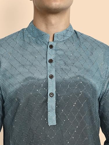 Image of Vardha Men's Cotton Chikankari Embroidered Kurta with Full Sleeves and Knee Length Design and Elegant Sequence Work | Kurta for Men