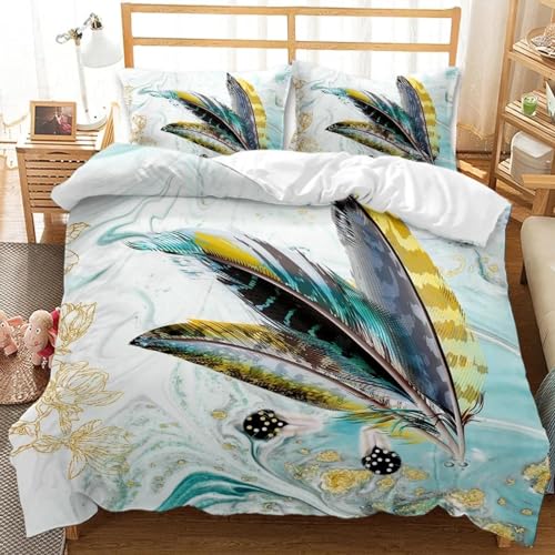 Housse de couette plumes aquarelle verte pour lit double en polyester