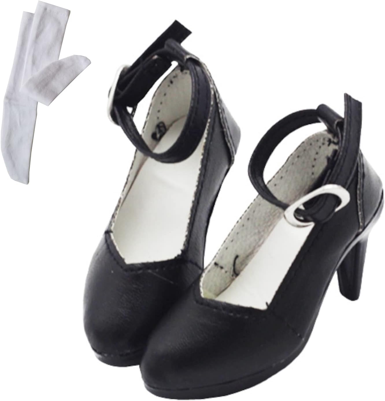 OLYOLY [2 Piece Set] 1/3 Doll Shoes High Heels Thick Sole Pumps Miniature Doll Outfit Maid Clothes Figure Socks Included (05 Black B)