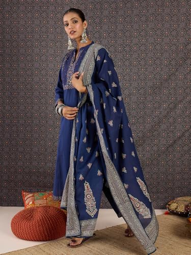 Image of INDO ERA Women's Pure Cotton Ethnic Motifs Printed Straight Kurta & Pant with Dupatta Set (IESTR11821)