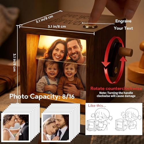 Álbum de Fotos Personalizado con Mecanismo de Manivela, Caja Fotográfica de Madera con Texto Grabado y Luz LED, Ideal como Regalo para Cumpleaños, Día de San Valentín o Aniversario miniatura 2
