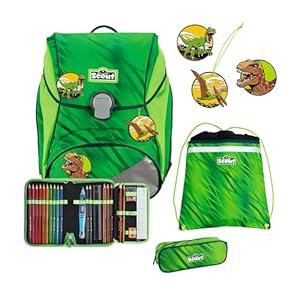 SCOUT Der echte sicherer Schulrucksack, Alpha DIN Dino Rex Set 4-teilig, ca. 20 l Volumen, ca. 1.200 g Gewicht (ohne abnehmbare Elemente)