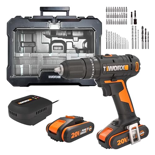 WORX WX370.2 Akku Schlagbohrschrauber 20V, 50Nm, 2-Gang-Getriebe, zum Schrauben, Bohren & Schlagbohren, 20 Drehmoment- + Bohrstufen + Schlagfunktion (inkl. 2x2Ah Akku, Ladegerät & Set mit 51Stk. Bits)