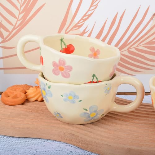 Keramik Teetasse, Geschenke für Frauen, Kawaii Kaffeetasse Handgemachte Kreative Blume becher mit Löffel, Ästhetische Tassen für Milch 250ml Cappuccinotassen Weihnachten Geschenk (Blau) – Bild 5