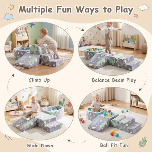 Image of Tiita Baby Climb and Crawl Playset 5-Piece, Kids Foam Climbing Block with Small Ball Pit - Indoor Soft Play Climber for Playtime Fun, Grey Star, Green Dinosaur