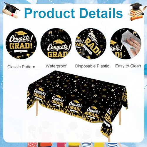 Image of 6 PCS Graduation Tablecloth, Graduation Decorations 2026, Black Gold Graduation Tablecloth Disposable, Plastic Congrats Grad Table Decoration for Class of 2026 Graduation Party Decorations, 108 inch X 54 inch