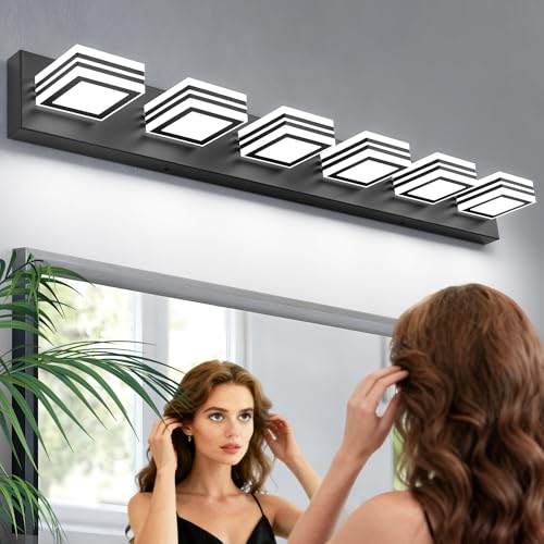 Image of SOLFART Modern Black Vanity Lights Fixtures: 6 Lights Acrylic LED Matte Black Vanity Lights for Bathroom 39inch
