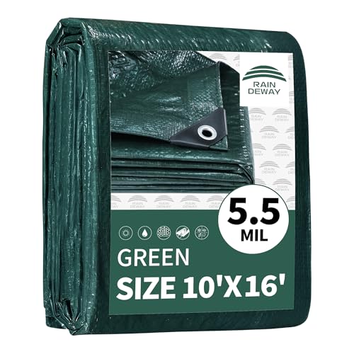 RAINDEWAY Green Tarp 10x16 Feet Finished Size 5.5 Mil Thick Multipurpose Waterproof Poly Tarps Cover with Metal Grommets and Reinforced Edges