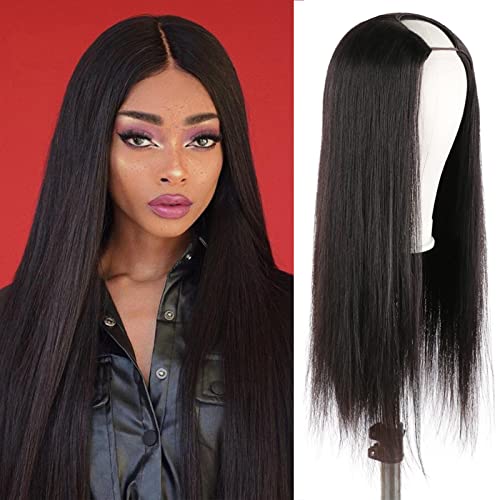DaiMer 24 inch Straight U Part Wigs Human Hair No Lace Glueless 100% Unprocessed Remy Brazilian Hair U-part Wigs for Black Women With Clips In Extensions Natural Color