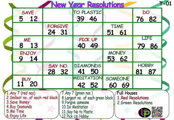 Image of Happy New Year Tambola Tickets | Resolutions Words Theme Housie Tambola Themed Bingo Game| Kitty Party Theme Housie Tickets | English | for Family & Friends (Set of 15 Tickets)