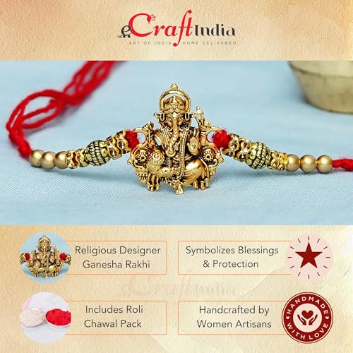 Image of eCraftIndia Golden Religious Designer Ganesha Rakhi with Red Thread and Roli Chawal Pack and Best Bro Ever Fridge Magnet - Rakhi for Brother, Bhaiya, Bhai