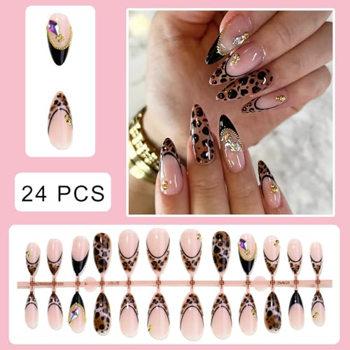 Leopard Print French Tip Press on Nails - Glossy Reusable Design
