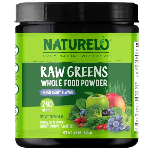 NATURELO Raw Greens Superfood Powder - Mixed Berry Flavor - Boost Energy Detox Enhance Health - Organic Spirulina - Wheat Grass - Whole Food Nutrition from Fruits & Vegetables - 240 Grams