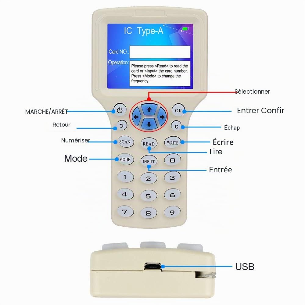 CIFY Lecteur RFID 125 kHz 13,56 MHz - Identifiant IC HID UID Fob Copieur, Lecteur NFC, duplicateur de Cartes RFID 10 fréquences - Décodeur de Carte cryptée - avec 10 Cartes clés réinscriptibles