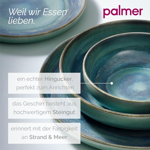 palmer Miami flache Teller-Set - 2er Set FrühStücksteller aus Steinzeug Ø 22 cm - Teller grün-blau - ofen-, mikrowellen- & spülmaschinenfest