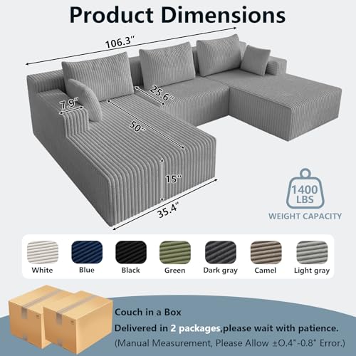 Image of 107 inch Boneless Cloud Couch Sectional Couches Sofa for Living Room | Modular U-Shaped Couch, Comfy Modern Corduroy Memory Foam Sofas with Deep Seat, Ottoman, Oversized Chaise (Light Grey)