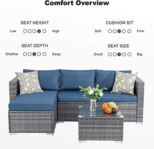 Jamfly Outdoor Furniture Patio Sets, Low Back All-Weather Small Rattan Sectional Sofa With Tea Table&Washable Couch Cushions Upgrade Wicker Silver Gray Rattan 3-Piece (Aegean Blue) #TOP4