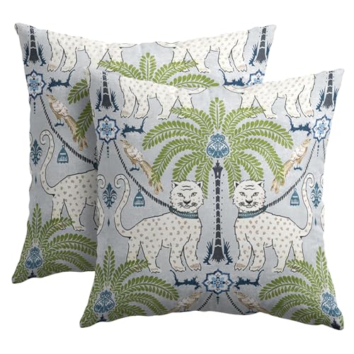 Animal Print Tiger Leopard Tropical Tree Pillow Covers 18X18 Inch Set of 2 Vintage Asian Bird Decorative Pillow Cases Green Chinoiserie Cotton Linen Cushion Case Farmhouse Home Decor For Sofa Couch