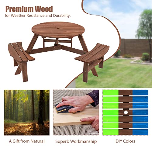 6 Person Round Picnic Table, Outdoor Circle Wood Picnic Table Patio Dining Table W/ 3 Built-In Benches & Umbrella Hole, Outside Table And Bench Set For Garden Backyard Porch,1720Lbs Capacity #TOP3