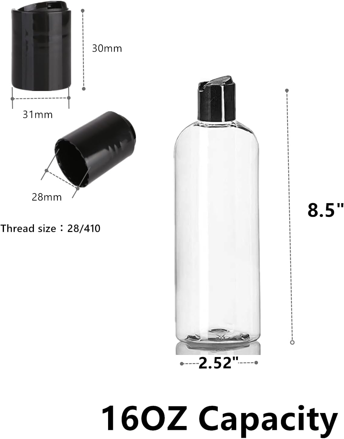 20 Pack 16oz Clear Plastic Empty Bottles, Squeezable Travel Containers with Disc Top Flip Caps, Refillable Shampoo Bottles for Lotions, Cream, Liquid Body Soap, Creams, BPA Free