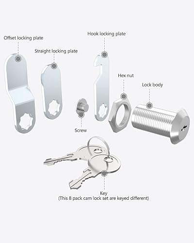 Miniatura 5 de Paquete de 8 cerraduras para cajones y gabinetes (con llave diferente), seguros para archivos importantes, cerraduras de leva de 1-18 pulgadas y