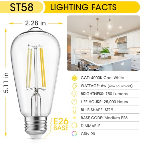 Image of Gozelux Edison Light Bulbs 60W Equivalent, Dimmable Vintage LED Light Bulbs, E26 Medium Base, Cool White 4000K, ST58, 6W, 750LM, 90+ CRI, Antique Decorative Filament LED Bulb, Clear Glass, Pack of 4