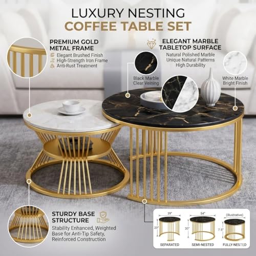 Image of Coffee Table, 20 inch Round Coffee Table Set of 2, Wooden Nesting Table with Metal Frame, Center Tables for Living Room Bedroom Balcony Bedside Table Black