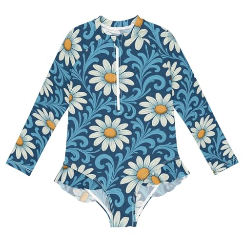 J JOYSAY Floral Swirl Navy Girls One Piece Swimsuits Long Sleeve UPF 50+ Rash Guard Kids Swimwear 3-12 Years