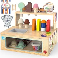 Wooden Ice Cream Toy Set Pretend Play Food Store for Toddlers, 52-Piece Kids Foldable Ice Cream Counter with Storage, Kitchen Playset Fake Money & Menu, Birthday Gift for 3 4 5 6 Year Old Girls Boys