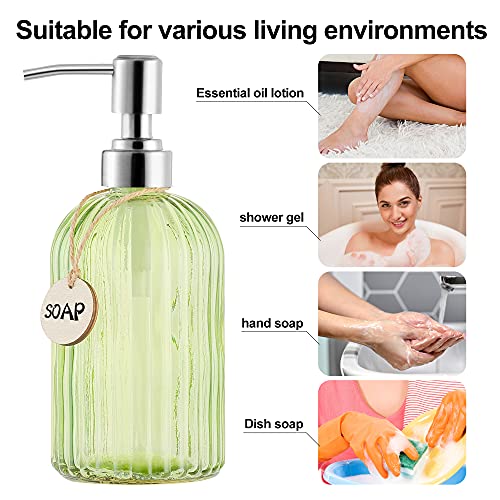 Moclif 16 Oz Soap Dispenser，Tempered Glass Clear Vertical Stripe With 304 Rust Proof Stainless Steel Pump Refillable Liquid Hand Soap Dispenser，For Bathroom, Kitchen, Dish Soap，Lotion (Green) #TOP3