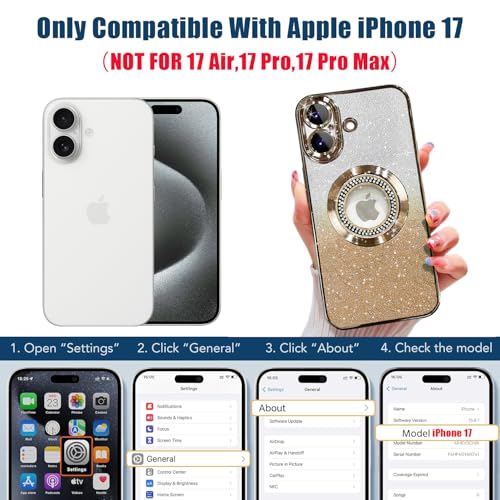 Image of Misscase for iPhone 17 Magnetic Glitter Case Compatible with MagSafe,Full Protection Slim Shockproof Anti-Scratch Case with Camera Lens Protector Plating Bling Dust-Proof Net for Women Gold