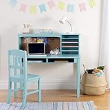 Guidecraft Kids Media Desk, Hutch and Chair Set - Teal: Student's Study Desk With Storage, Computer Workstation | Wooden Bedroom Furniture Set