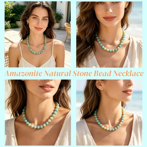 Image of GINAZL Natural Stone Beaded Choker Necklace for Women, Chunky Multicolor Gemstone Handmade Necklace, Boho 12MM Bead Summer Beach Jewelry Gifts for Women