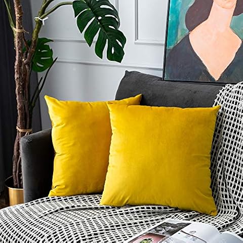 UPoPo Set of 2 Velvet Cushion Cover Decorative Plain Cushion Cover Soft Cushion Cover Decorative Cushion Sofa Cushion for Sofa Couch Bedroom Living Room with Zippers, lemon yellow, 40 x 40 cm Cover