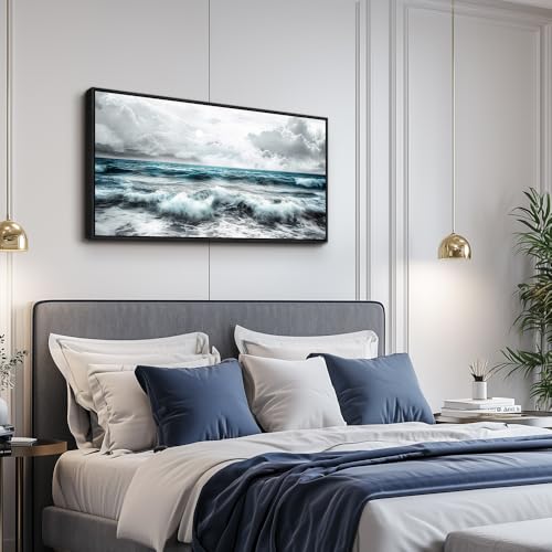 ERQINHUA Black And White Beach Canvas Wall Art For Living Room Wall Decoration For Bedroom Office Decor Blue Sea Wave Pictures Modern Hotel Room Home Decor Wall Painting Black Framed 20x40 In