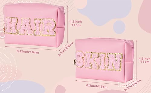 Burskit Preppy Patch Hair & Skin Travel Bag Portable Makeup Bags Bulk Pu Leather Cosmetic Waterproof Organizer Zipper Pouch Storage Purse For Women Girls Gift (Pink) #TOP1